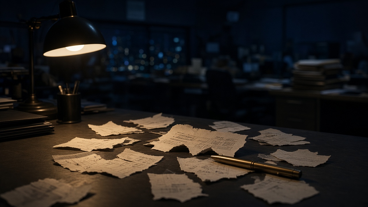 Night desk with paper slips and a brass pen